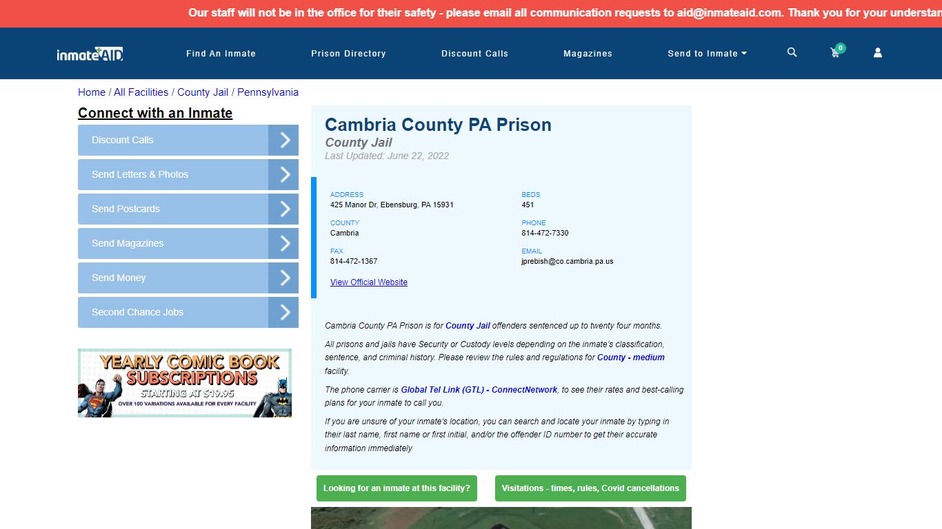 Cambria County PA Prison - Inmate Locator - Ebensburg, PA