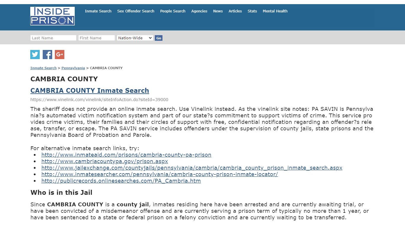 CAMBRIA COUNTY - Pennsylvania - Inmate Search